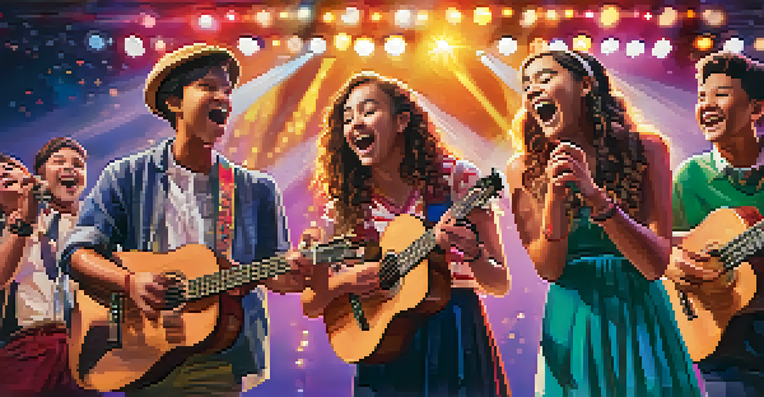 Students performing on stage with ukuleles, engaging the audience in a lively musical experience.