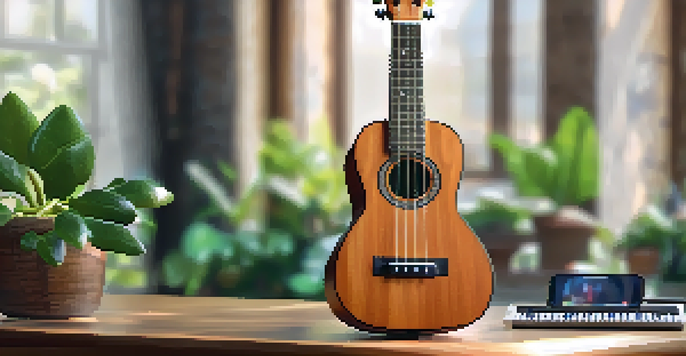 A close-up of a ukulele on a wooden table with a tuning app on a smartphone beside it, illuminated by soft natural light and surrounded by green plants.