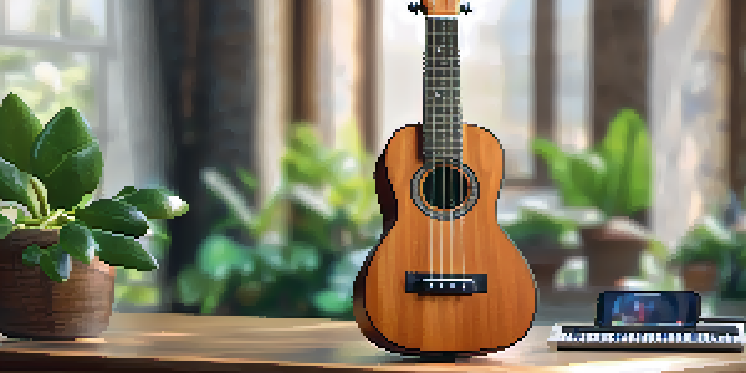 A close-up of a ukulele on a wooden table with a tuning app on a smartphone beside it, illuminated by soft natural light and surrounded by green plants.