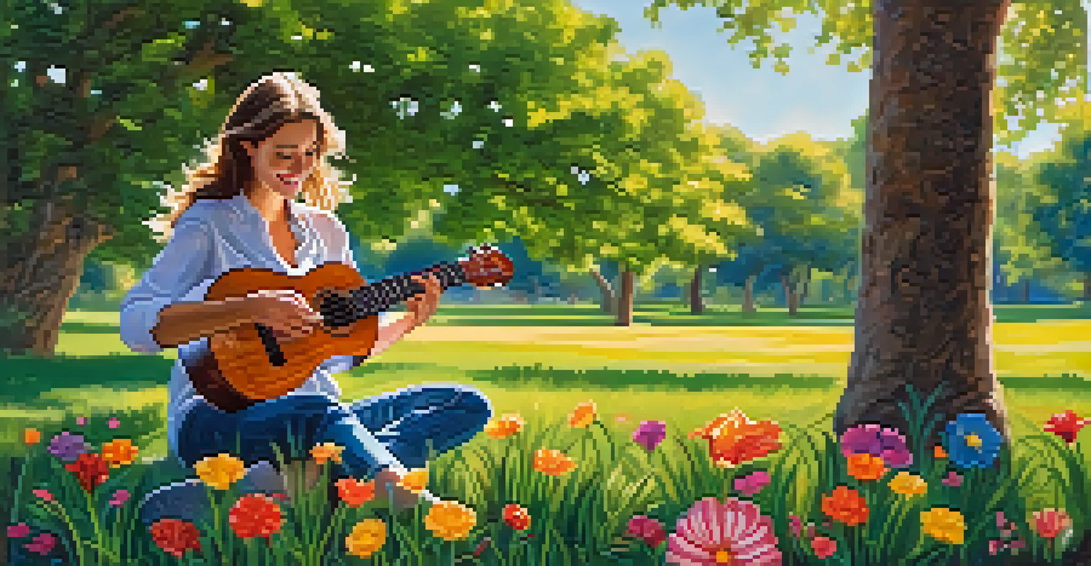 A musician playing the ukulele under a tree in a park, with green grass and flowers around.