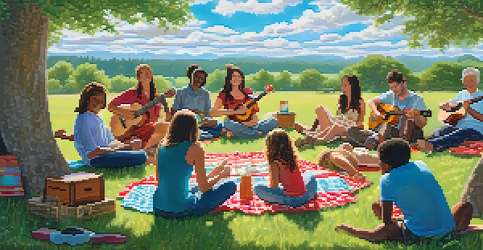 A diverse group of people enjoying an outdoor ukulele jam session on a sunny day, surrounded by nature.