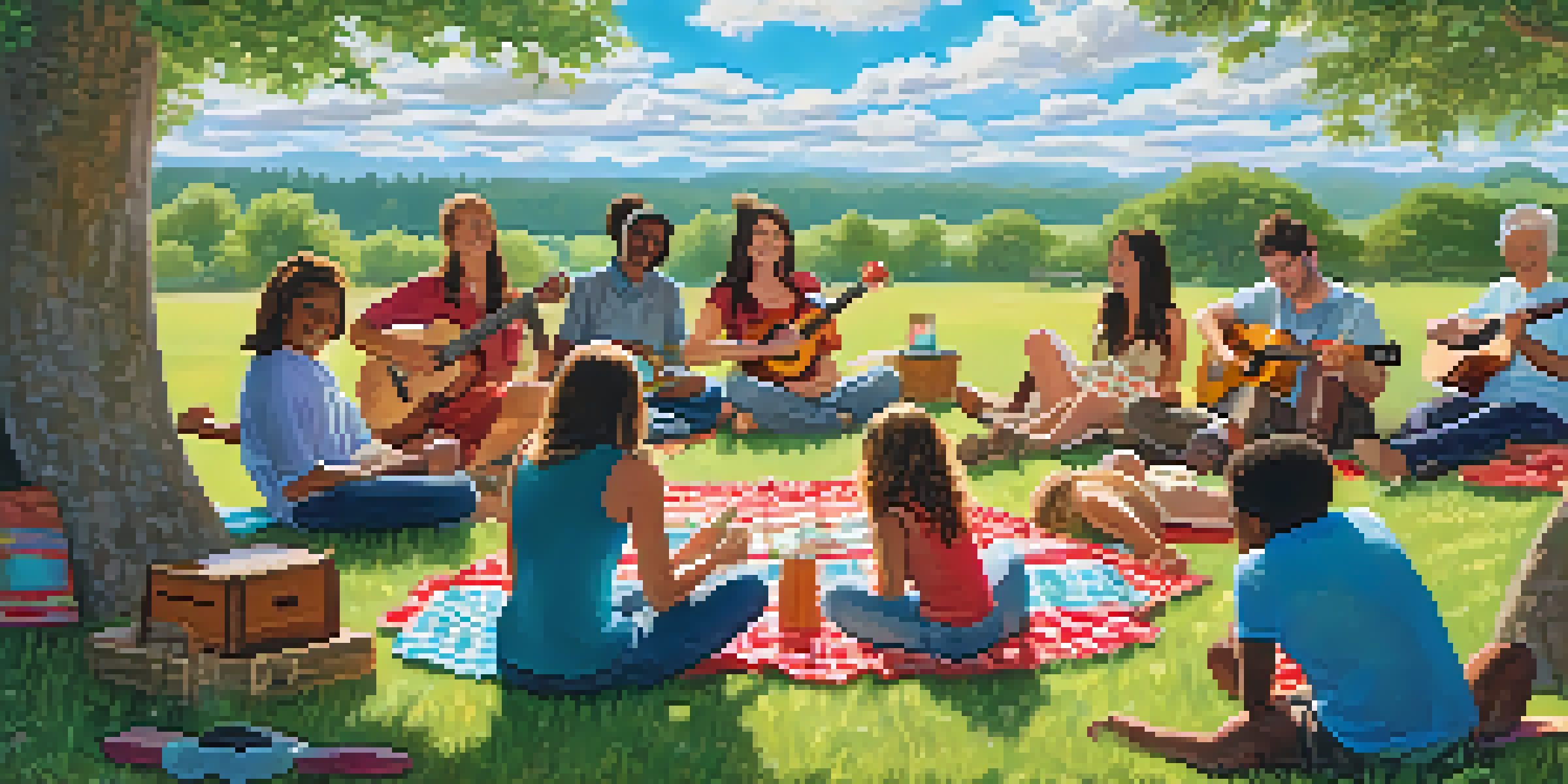 A diverse group of people enjoying an outdoor ukulele jam session on a sunny day, surrounded by nature.
