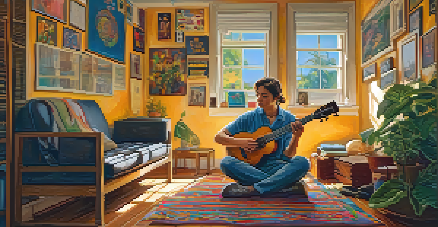 A person strumming a ukulele in a cozy room filled with musical notes.