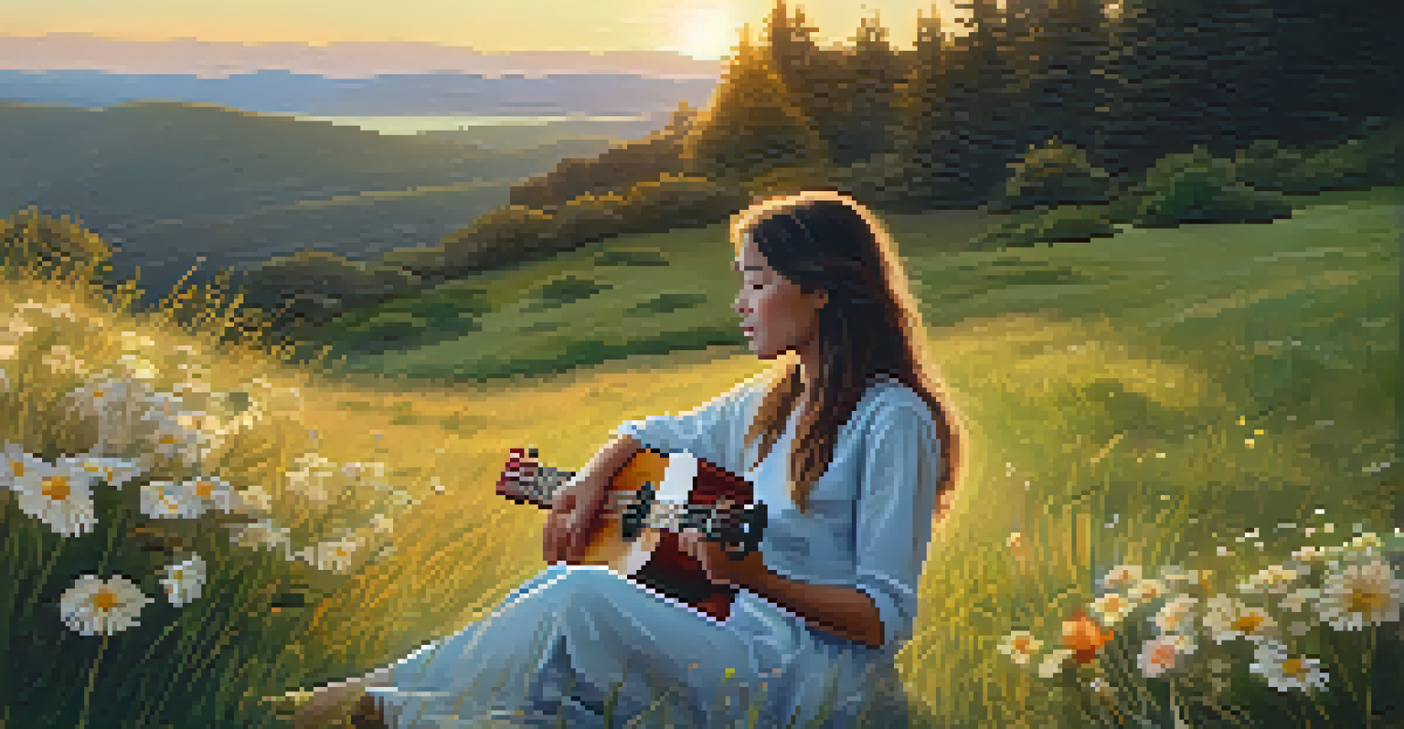 A person playing a ukulele on a grassy hill surrounded by flowers during sunset.