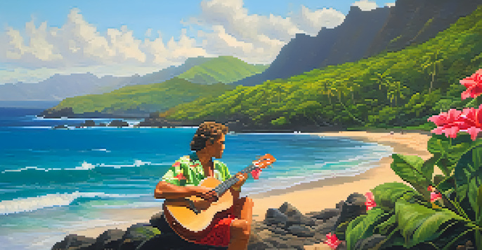 A Hawaiian landscape with mountains, a musician playing the ukulele on the beach, and colorful flowers.