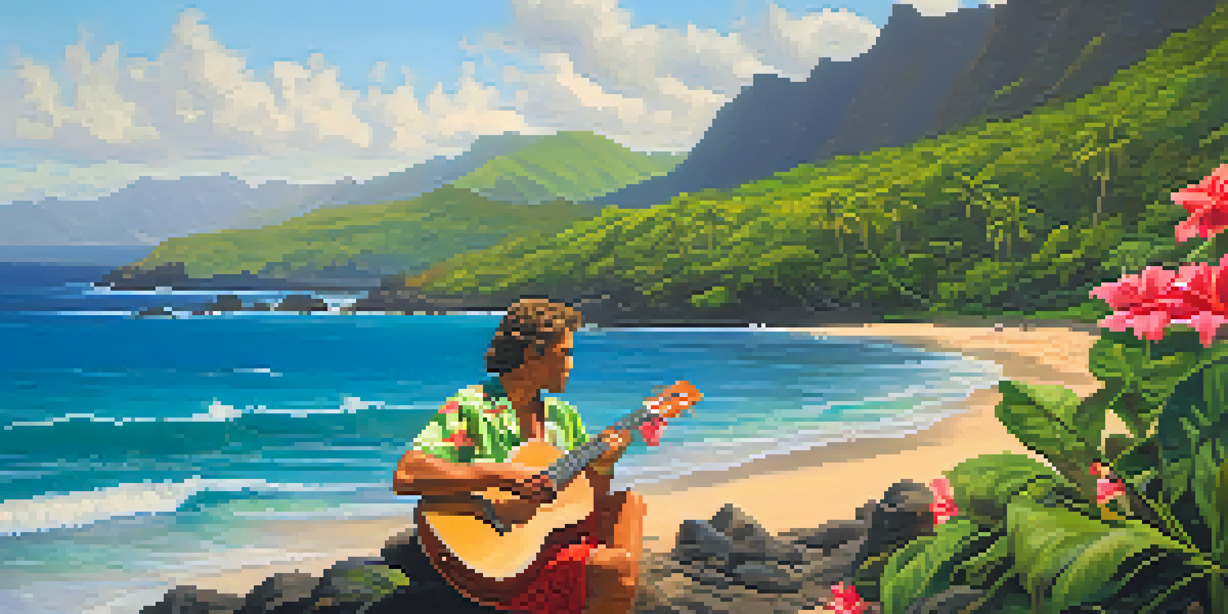 A Hawaiian landscape with mountains, a musician playing the ukulele on the beach, and colorful flowers.