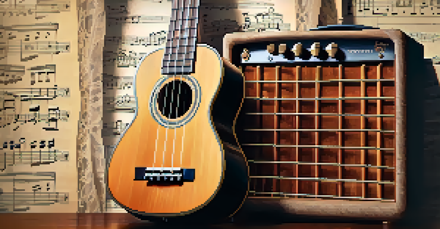 A Martin Ukulele with vintage sheet music and an amplifier in the background, illuminated by warm ambient lighting.