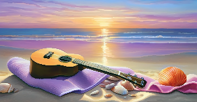 A peaceful beach at sunset with a ukulele on a towel, surrounded by seashells.