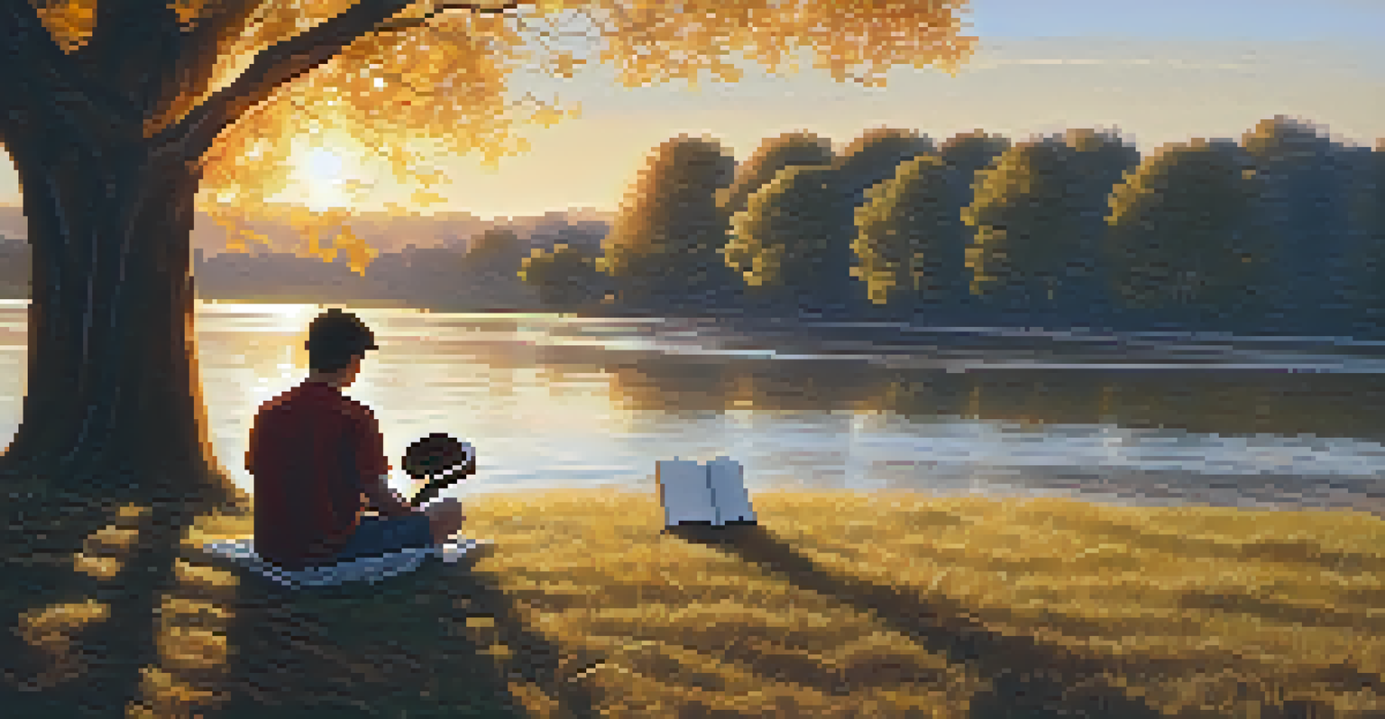 A person under a tree with a ukulele and a notebook, enjoying a sunset view.