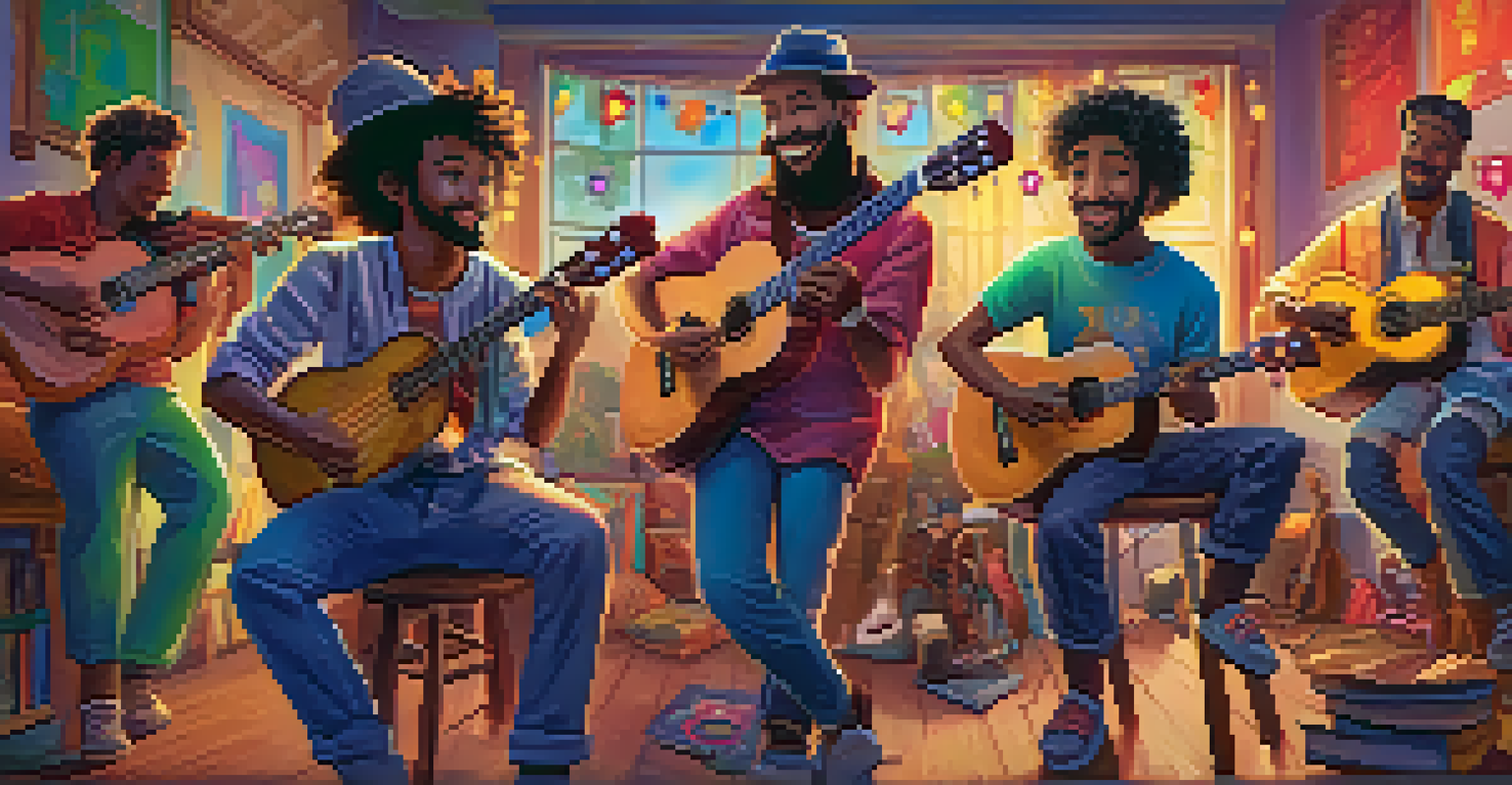 A diverse group of musicians playing together joyfully in a colorful jam session.