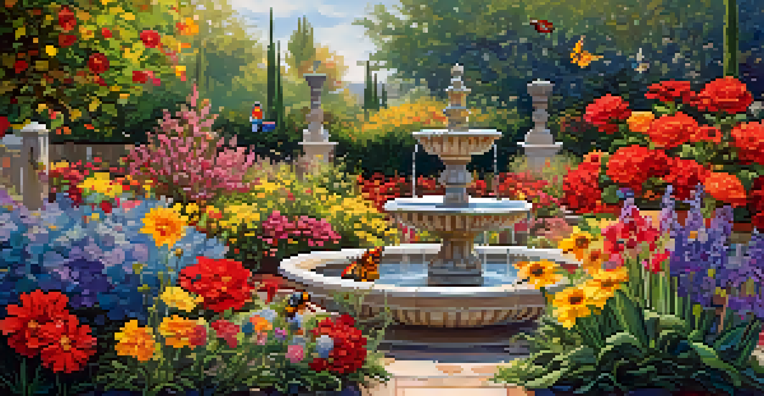 A close-up of a colorful flower garden with bees and butterflies, featuring a small fountain in the background.