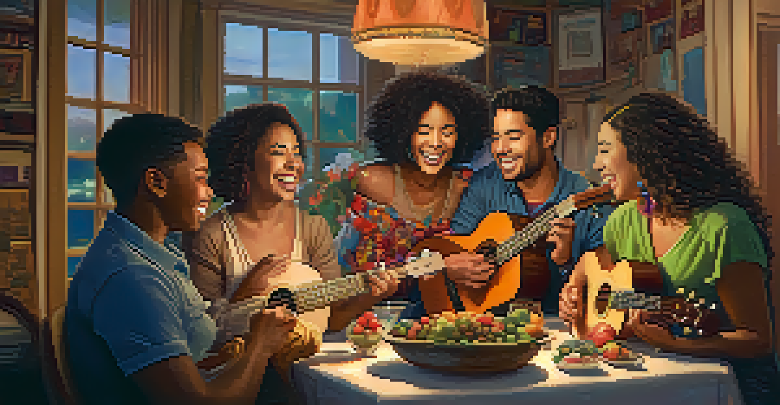 A group of contestants indoors, joyfully playing ukulele and laughing together, surrounded by colorful decorations and soft lighting.