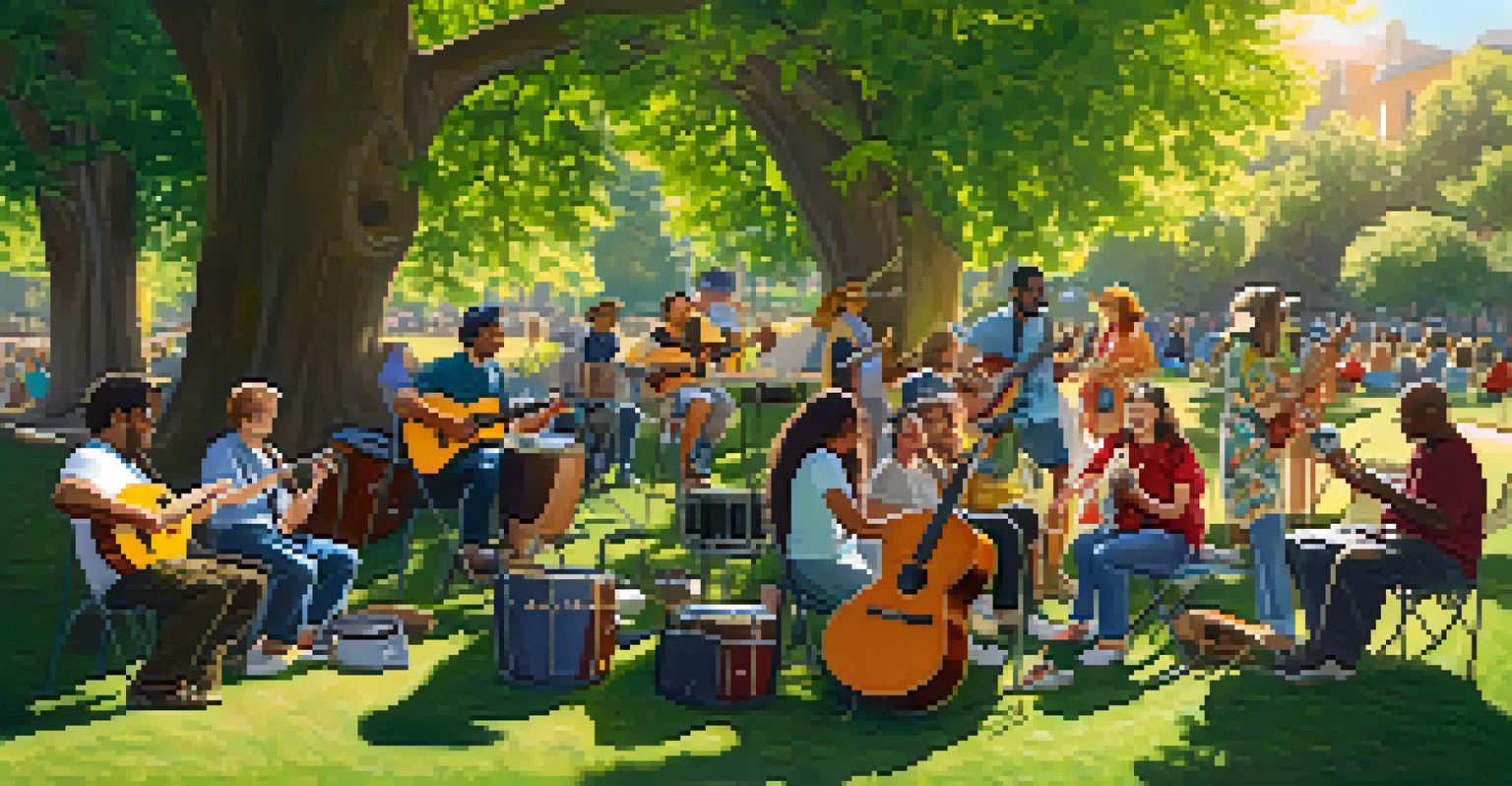 A vibrant outdoor jam session in a park with musicians playing ukuleles and other instruments.