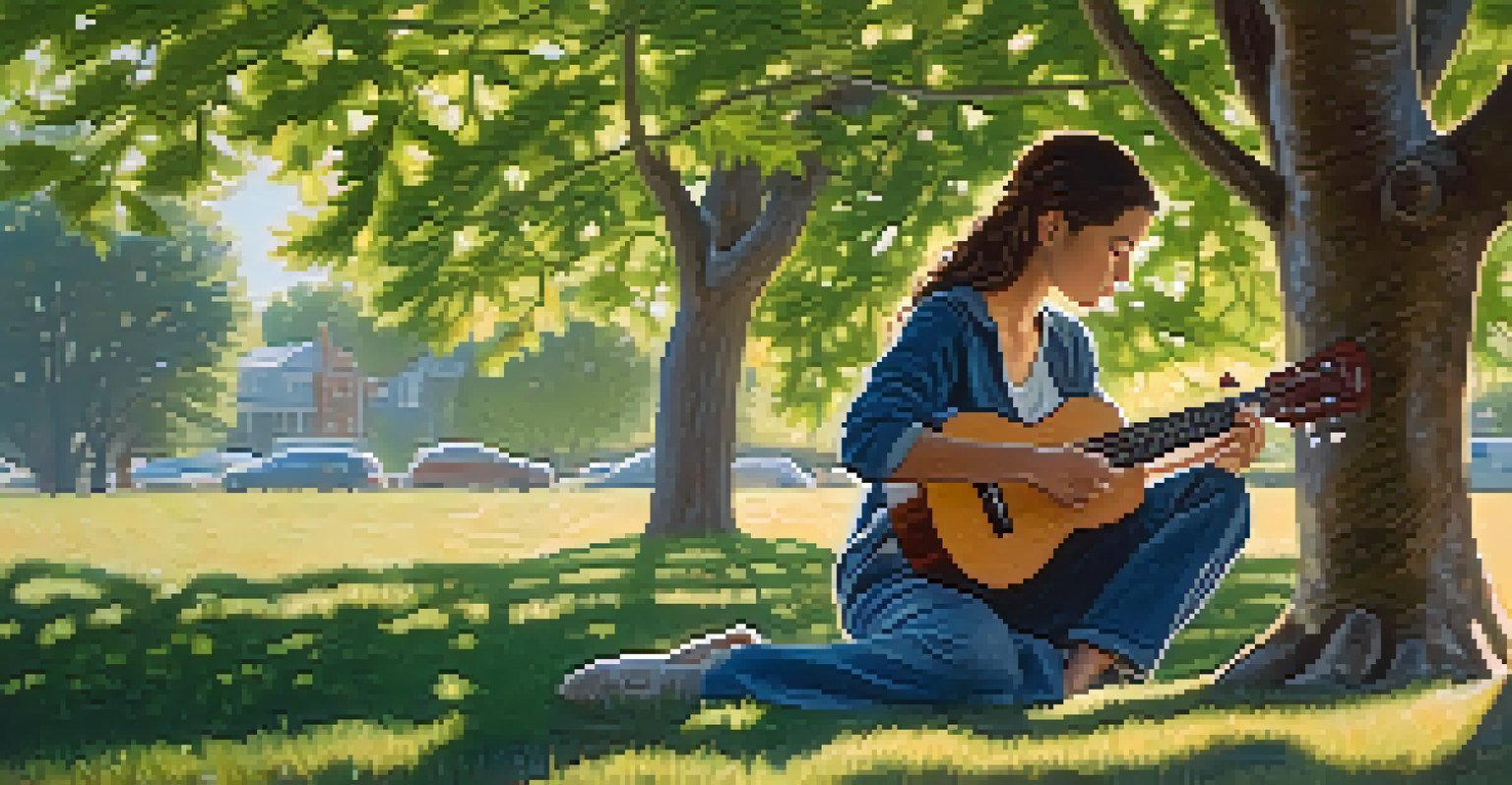 A person tuning a ukulele outdoors under a tree, with sunlight filtering through the leaves and casting shadows on the grass.