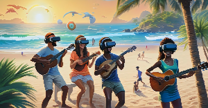 A diverse group of people wearing VR headsets playing ukuleles on a sunny beach surrounded by palm trees and ocean.
