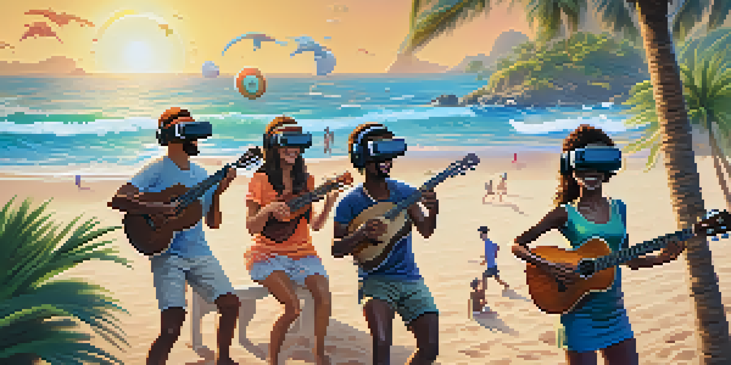A diverse group of people wearing VR headsets playing ukuleles on a sunny beach surrounded by palm trees and ocean.