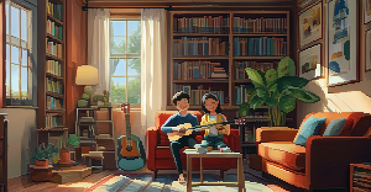 A child playing a ukulele with a parent in a cozy living room setting.