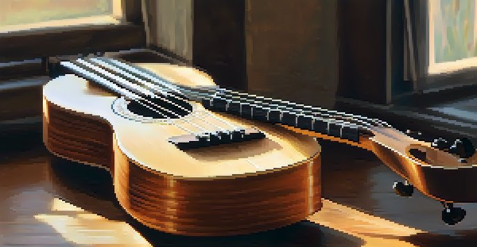 A close-up of a ukulele with nylon strings on a wooden table, illuminated by soft natural light.
