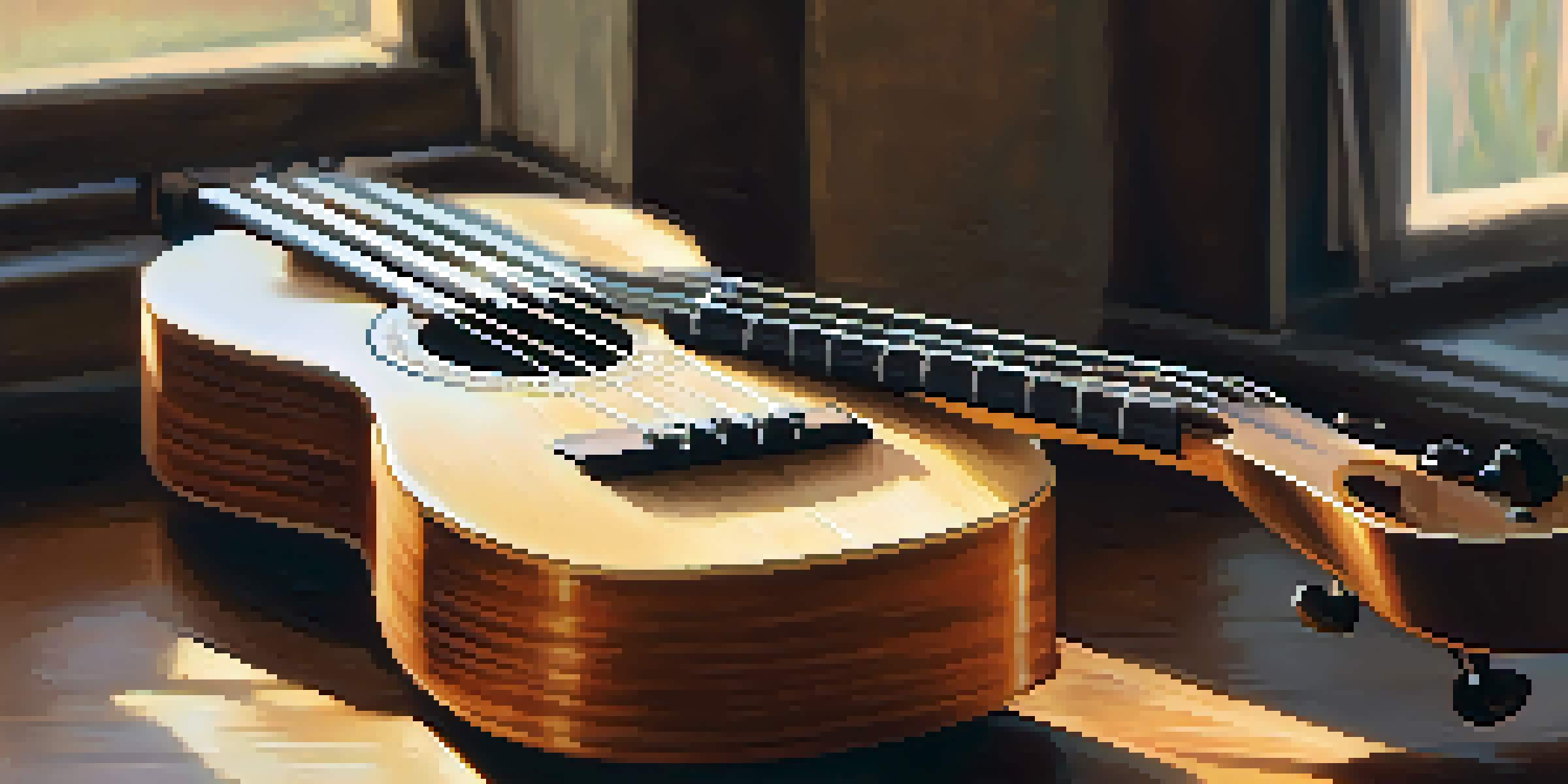 A close-up of a ukulele with nylon strings on a wooden table, illuminated by soft natural light.