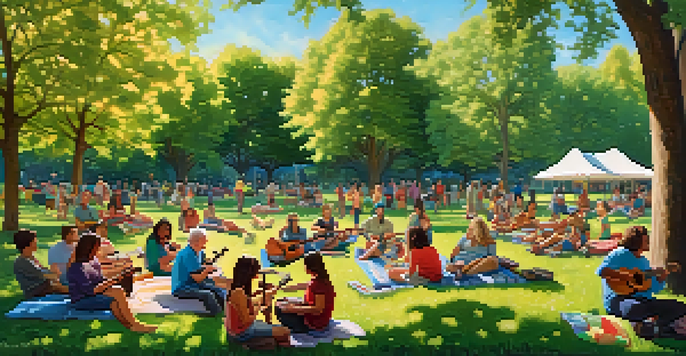 A diverse group of people of all ages playing ukuleles in a sunny park, surrounded by trees and picnic blankets.