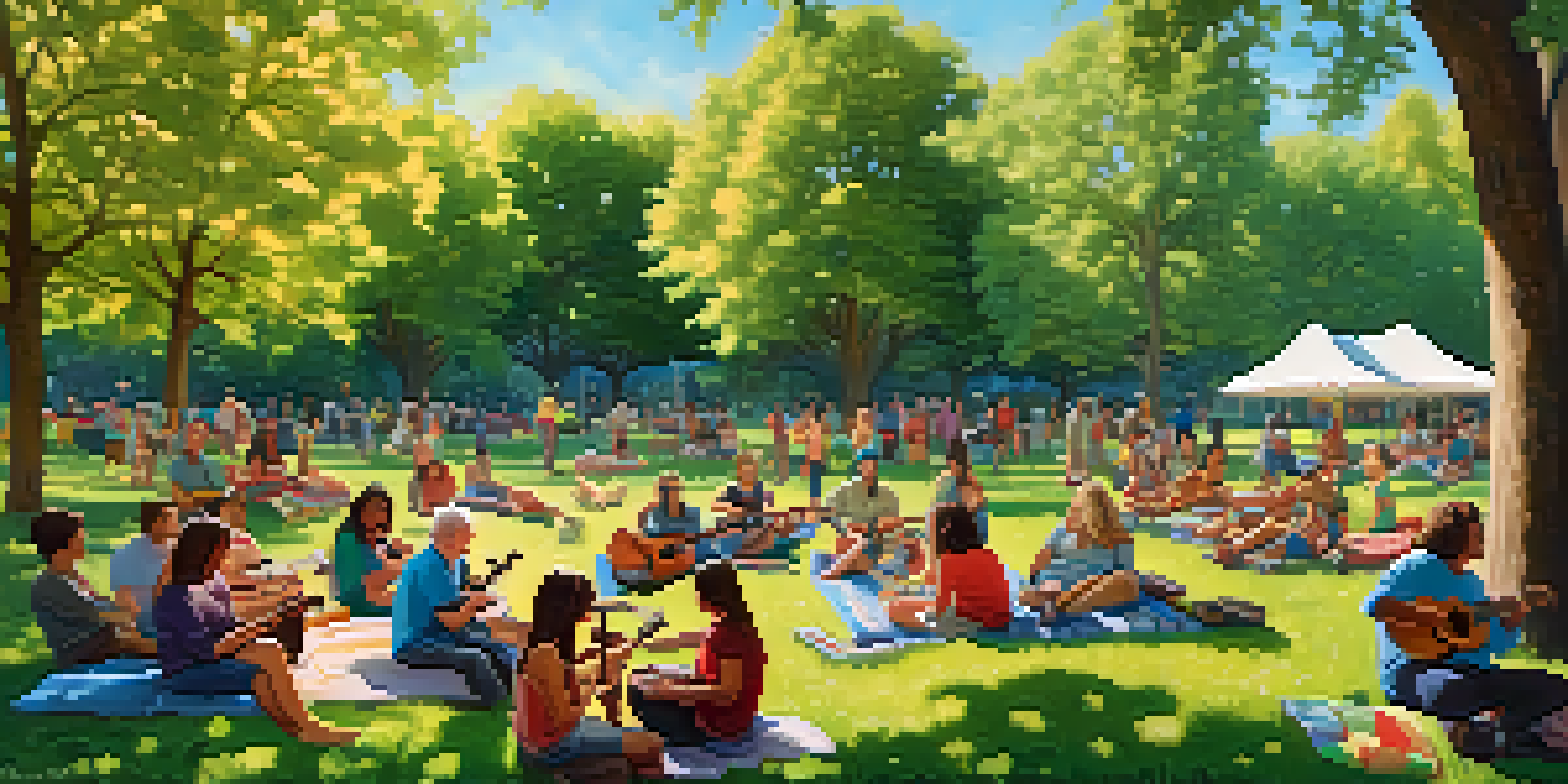 A diverse group of people of all ages playing ukuleles in a sunny park, surrounded by trees and picnic blankets.