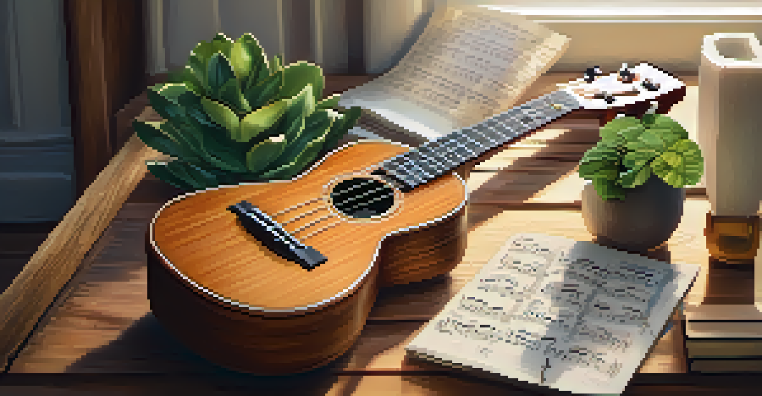 A close-up of a ukulele on a wooden table with eco-themed sheet music and a potted plant.