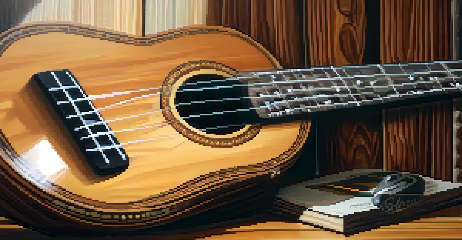 Soprano ukulele with a slotted bridge on a textured wooden surface, softly lit by natural light.