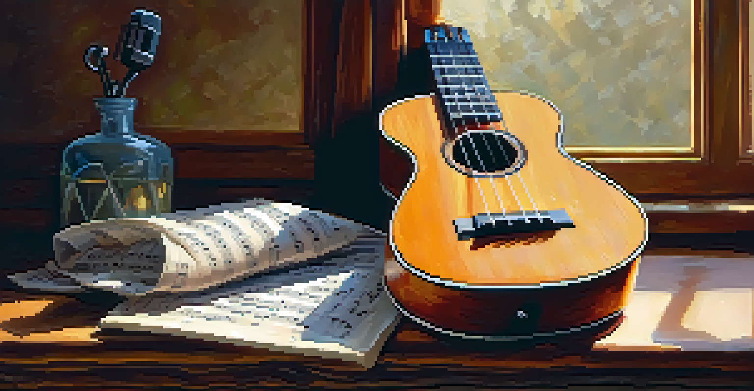 A still life arrangement of a ukulele on a wooden table, surrounded by sheet music and a vintage microphone.