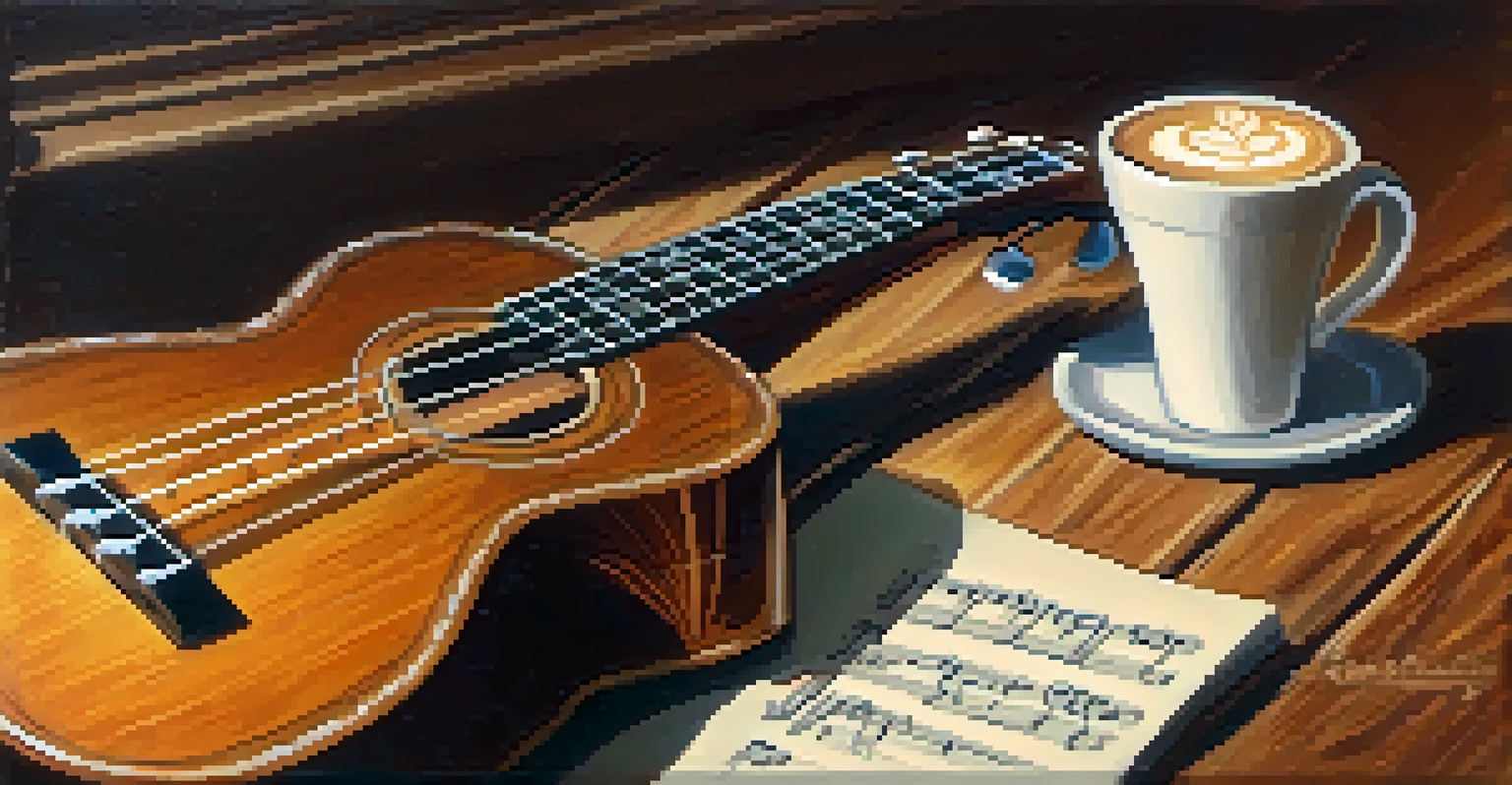 A close-up of a ukulele on a wooden table with sheet music and a cup of coffee, illuminated by warm lighting.
