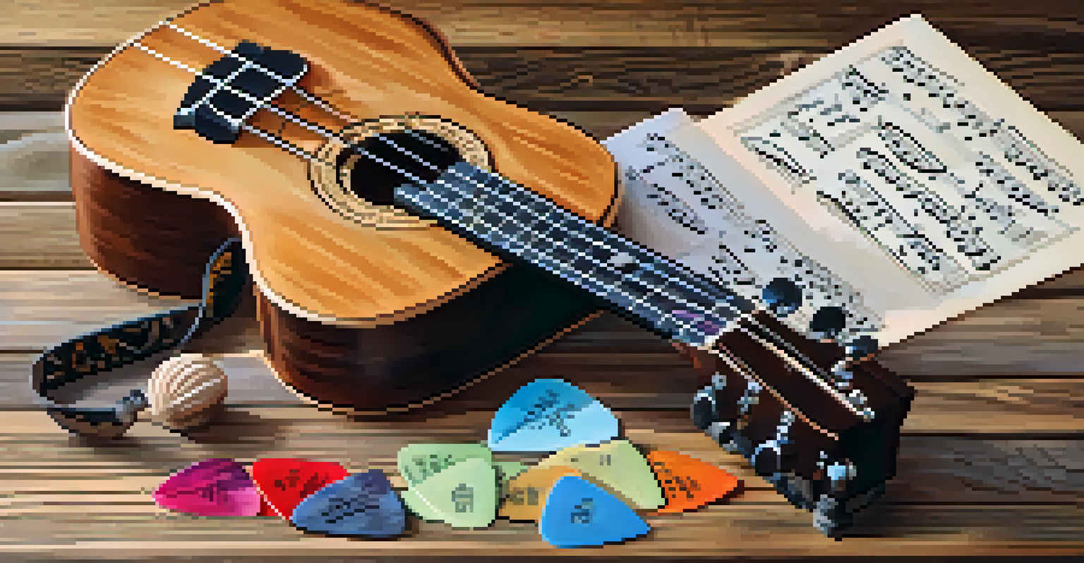 A flat lay of a soprano ukulele, sheet music, coffee cup, and colorful guitar picks on a rustic wooden table with soft morning light.