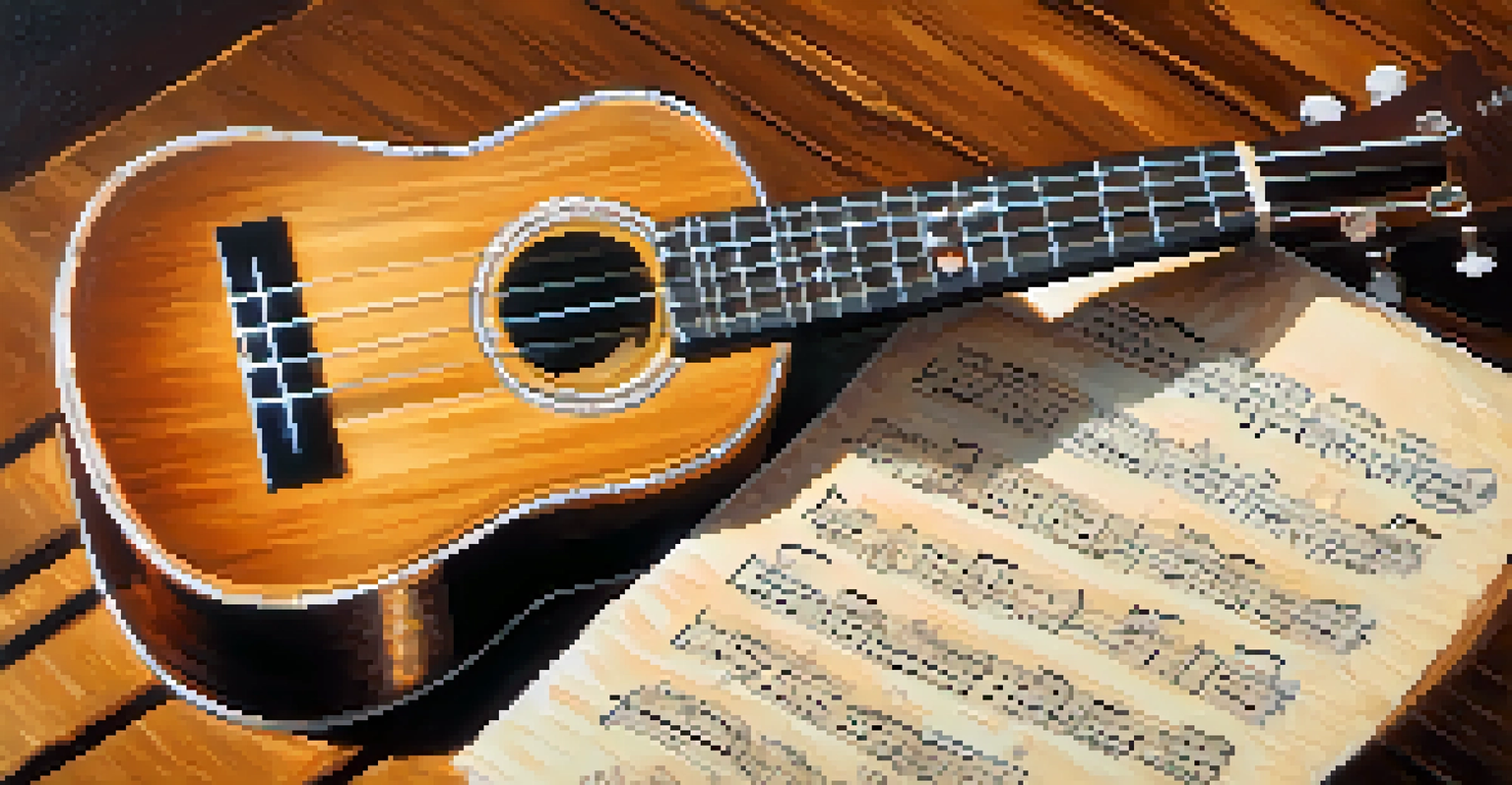 A close-up of a ukulele on a wooden table with handwritten lyrics and a coffee cup, illuminated by warm lighting.