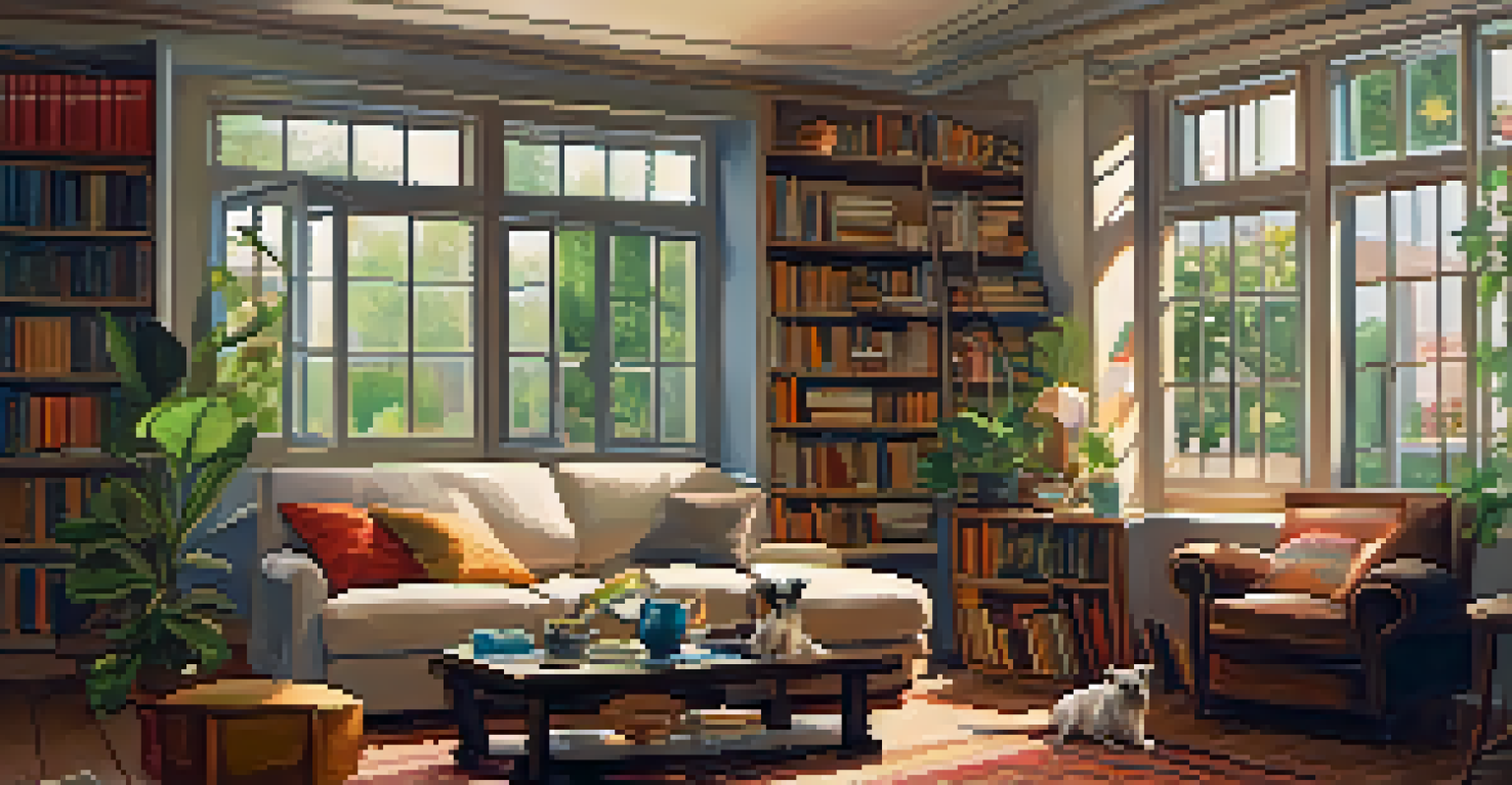 A man playing a ukulele in a cozy living room with a dog beside him, surrounded by books and warm light.