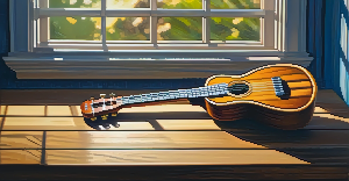 A ukulele resting on a wooden table with sunlight casting shadows, a hand strumming its strings.