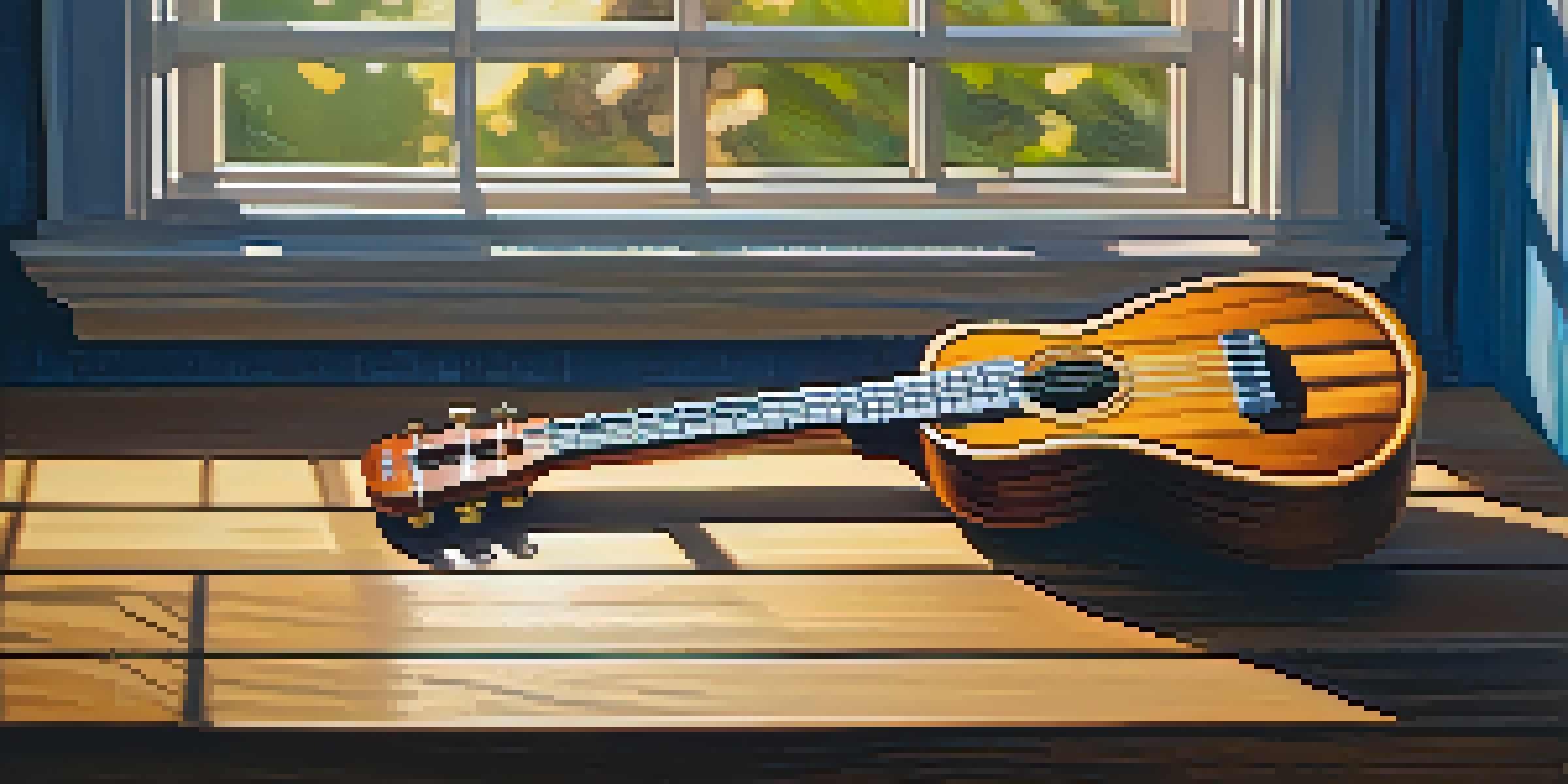 A ukulele resting on a wooden table with sunlight casting shadows, a hand strumming its strings.