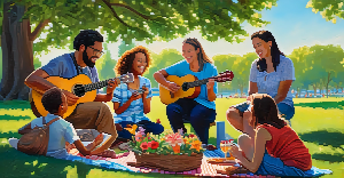 A diverse group of people playing ukuleles in a sunny park, surrounded by greenery and flowers.