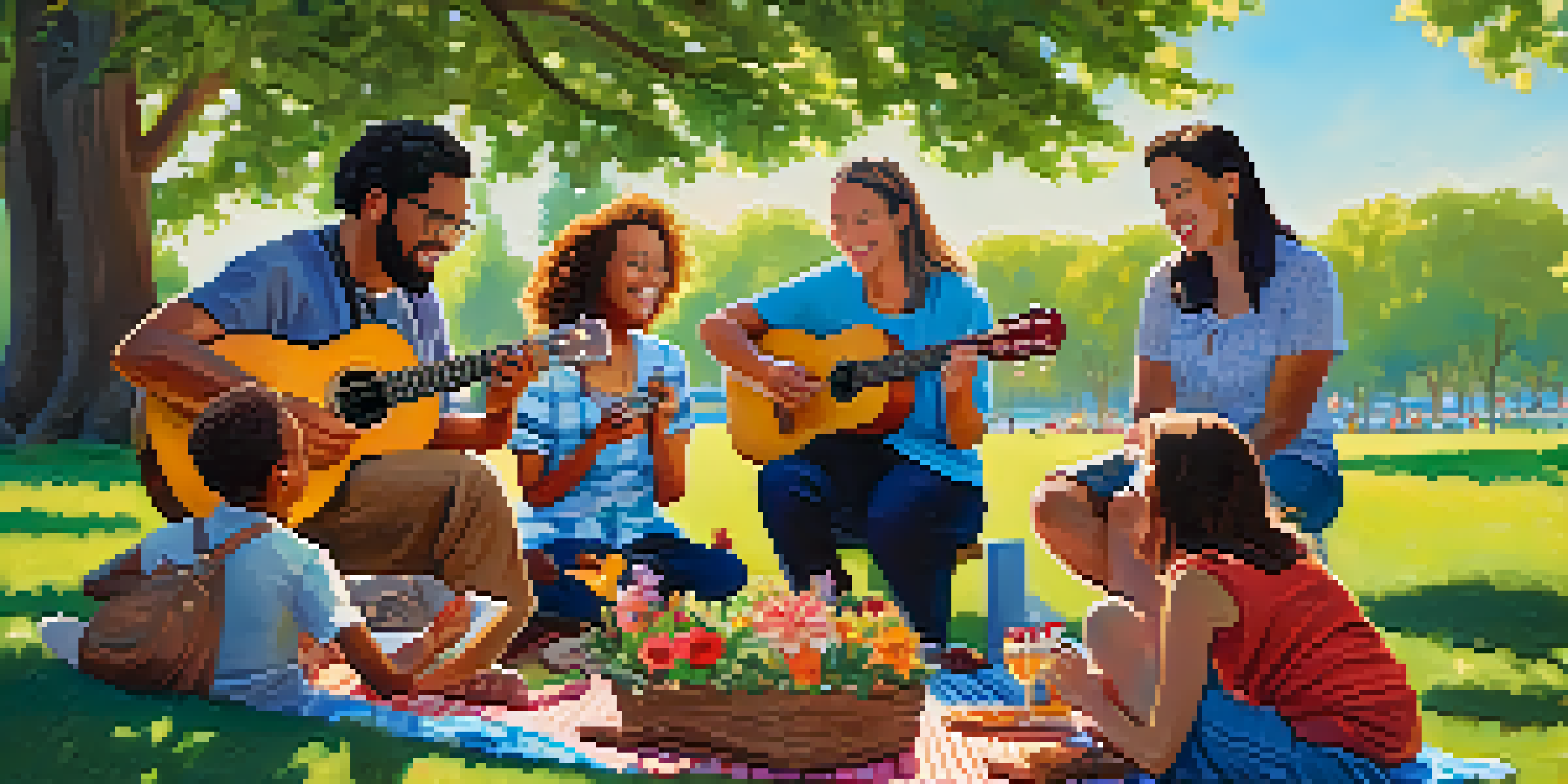A diverse group of people playing ukuleles in a sunny park, surrounded by greenery and flowers.