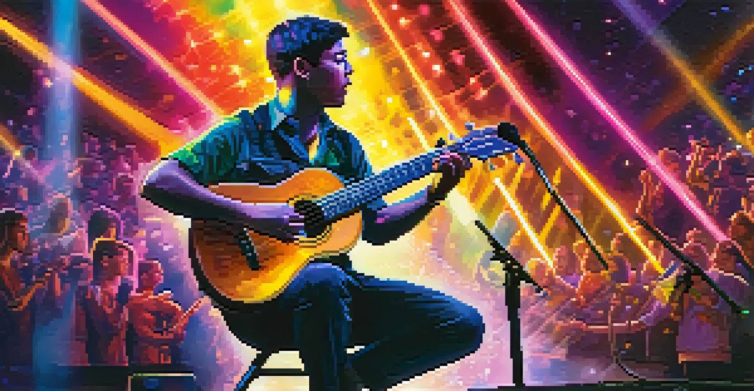 A ukulele player performing on stage with visible effects pedals, surrounded by vibrant lights and an excited audience.