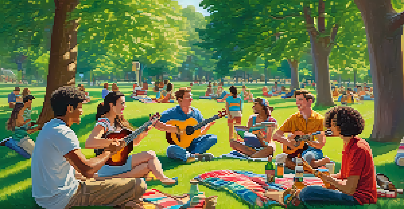 A group of friends playing ukuleles together in a sunny park with lush greenery around.