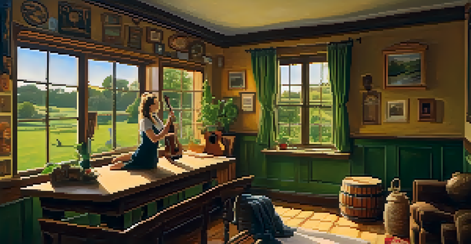 A young woman playing a ukulele in a sunlit Irish cottage, with traditional decor and a view of green landscapes outside.