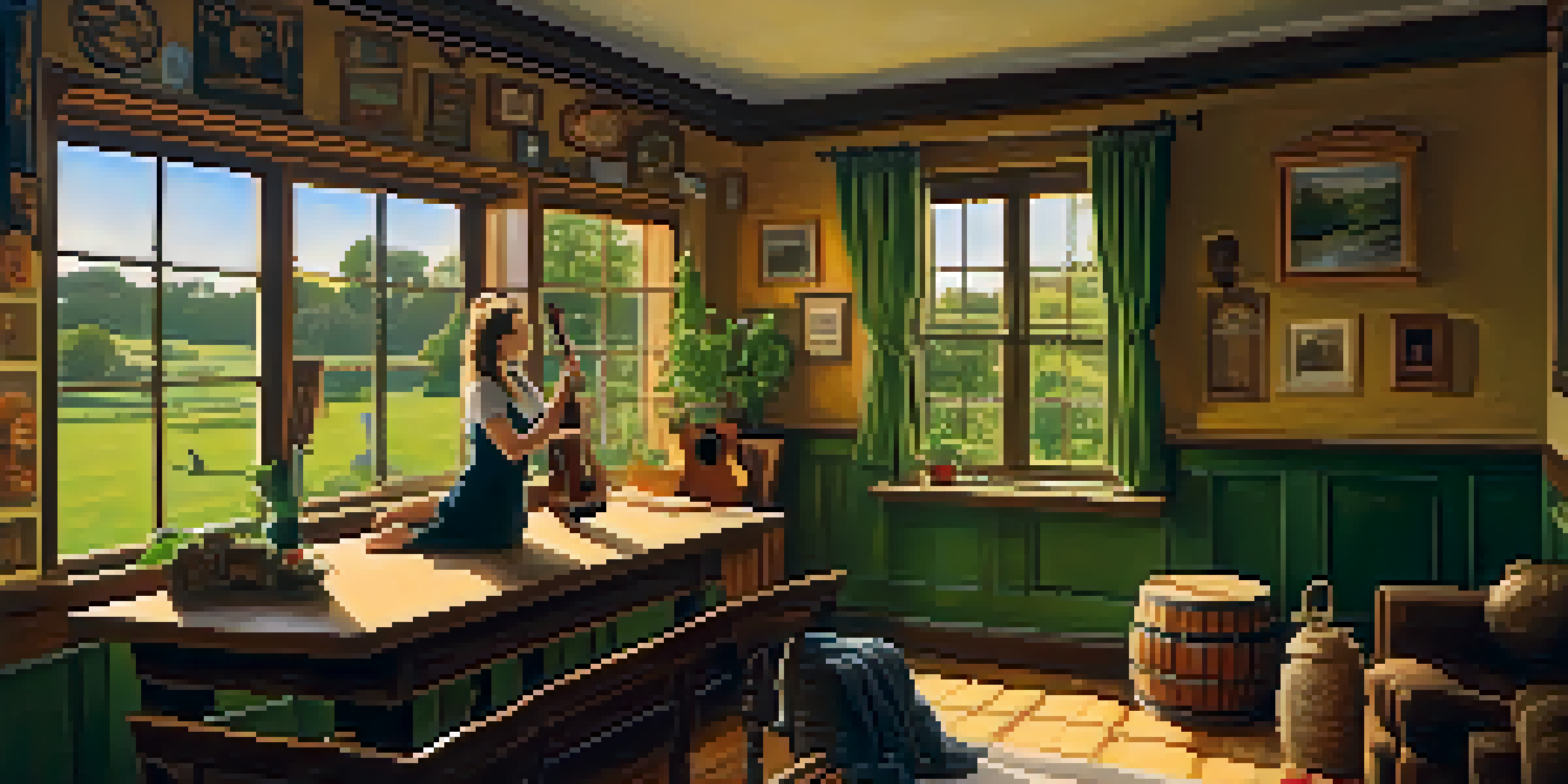 A young woman playing a ukulele in a sunlit Irish cottage, with traditional decor and a view of green landscapes outside.