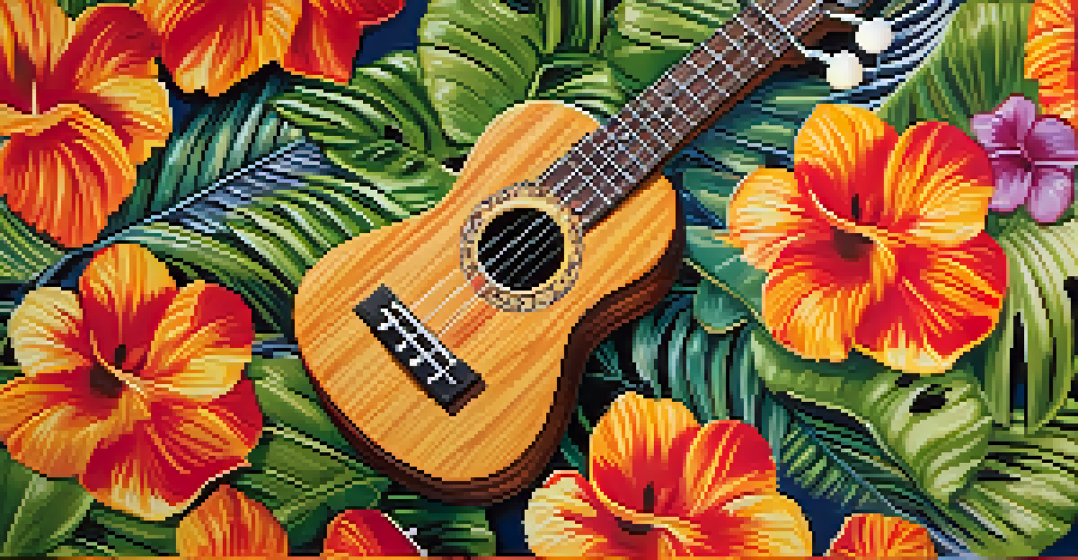 A close-up of a ukulele on colorful Hawaiian fabric, surrounded by tropical flowers and leaves.