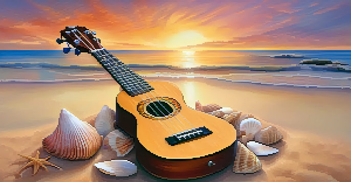 A soprano ukulele on the sand at a beach during sunset, surrounded by seashells and waves.