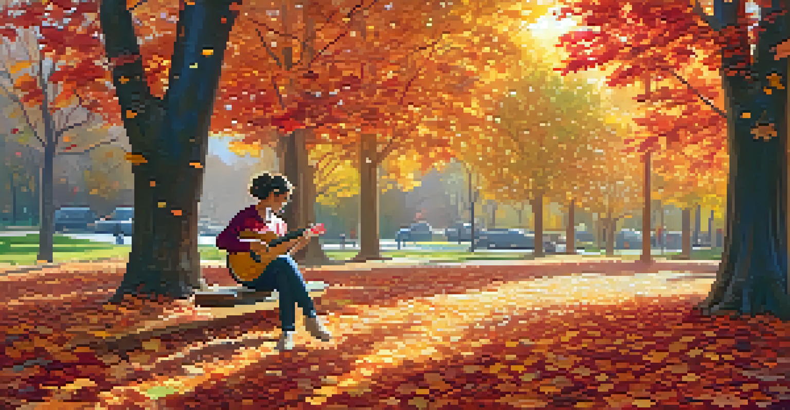 A person playing a ukulele in an autumn park, surrounded by colorful falling leaves and sunlight filtering through the trees.