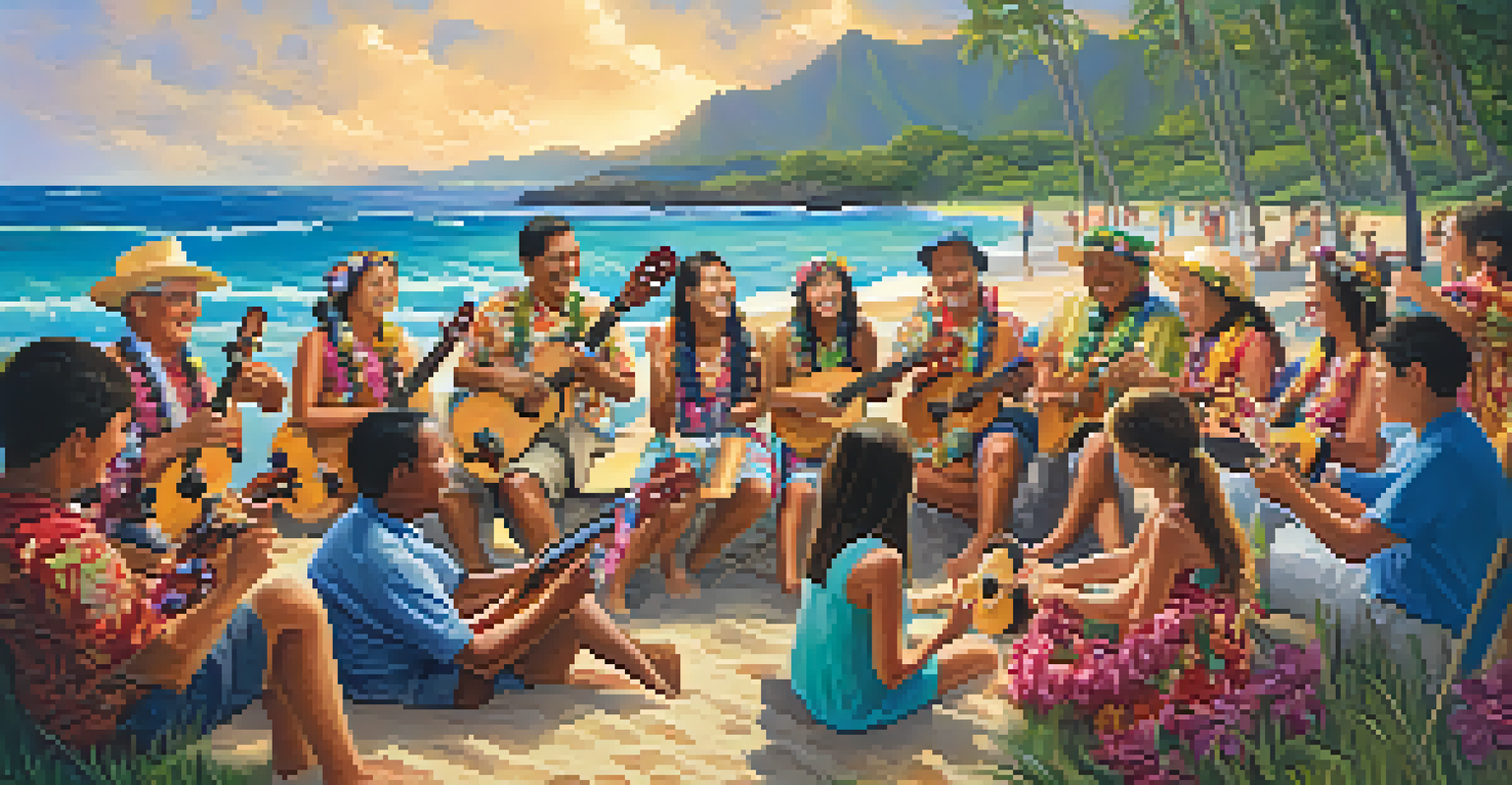 A diverse group of people playing ukuleles on a Hawaiian beach, surrounded by colorful leis and the ocean, celebrating music together.