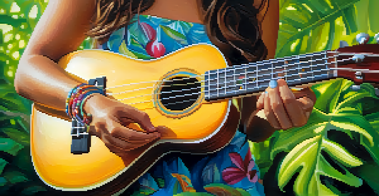 Close-up of hands playing a colorful ukulele with greenery in the background, capturing the beauty of the instrument and the joy of music.