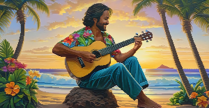 A musician playing a ukulele on a Hawaiian beach during sunset, surrounded by palm trees and colorful flowers.