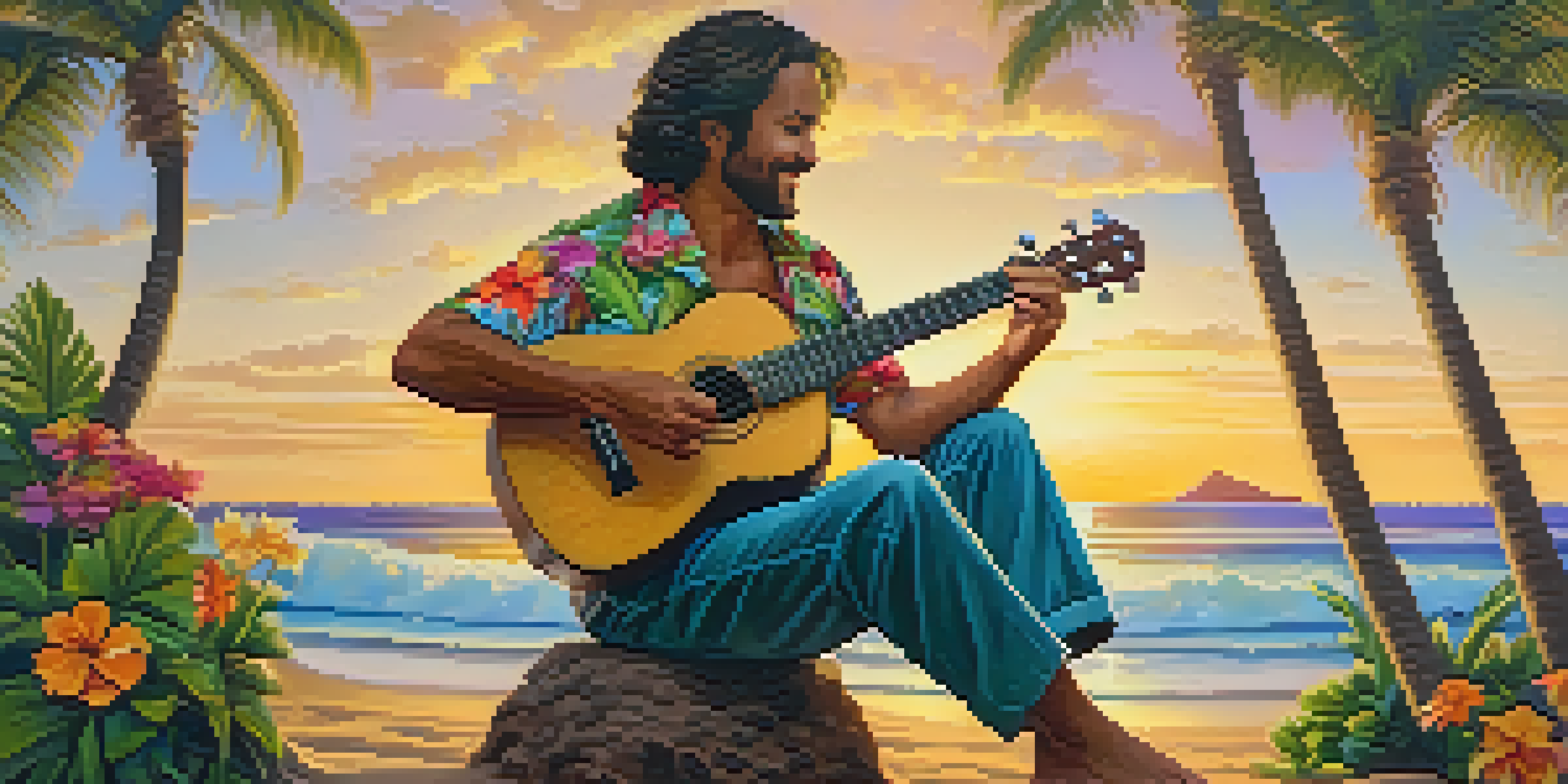 A musician playing a ukulele on a Hawaiian beach during sunset, surrounded by palm trees and colorful flowers.