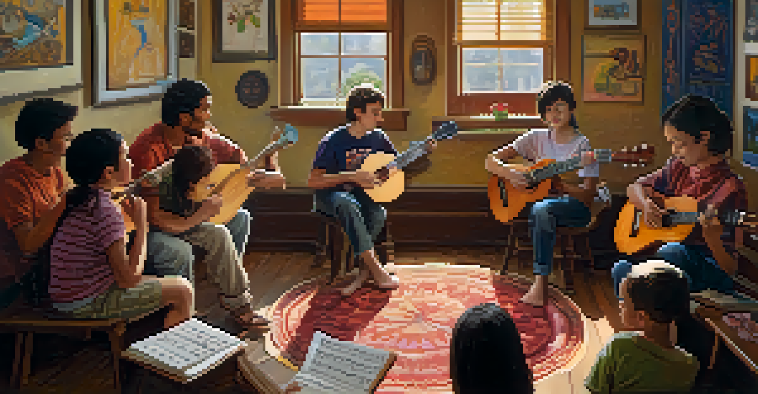 A group of young musicians learning to play the ukulele in a warm indoor setting.