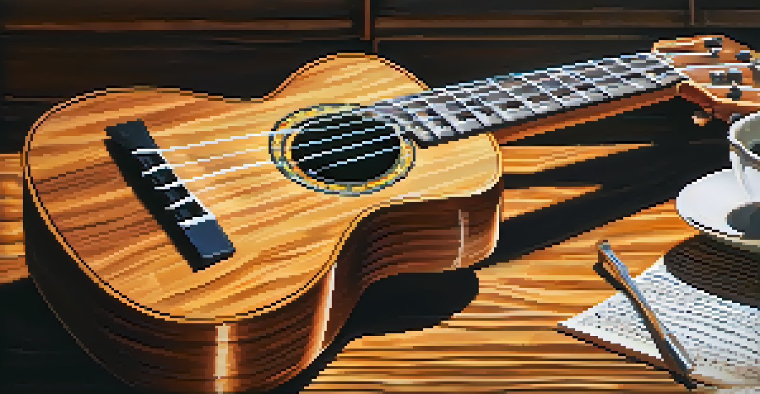 A close-up of a ukulele on a wooden table, highlighting its craftsmanship and the warm ambiance of a musical space.