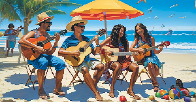 A diverse group of musicians playing ukuleles on a sunny beach, with ocean waves in the background.